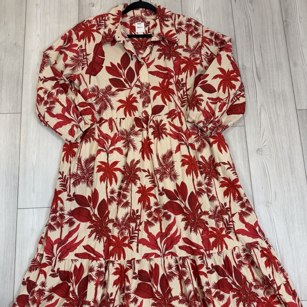 Anthropologie Maeve Bettina Dress Women Large Red Cream Tiered Shirt Dress Boho - Picture 3 of 14